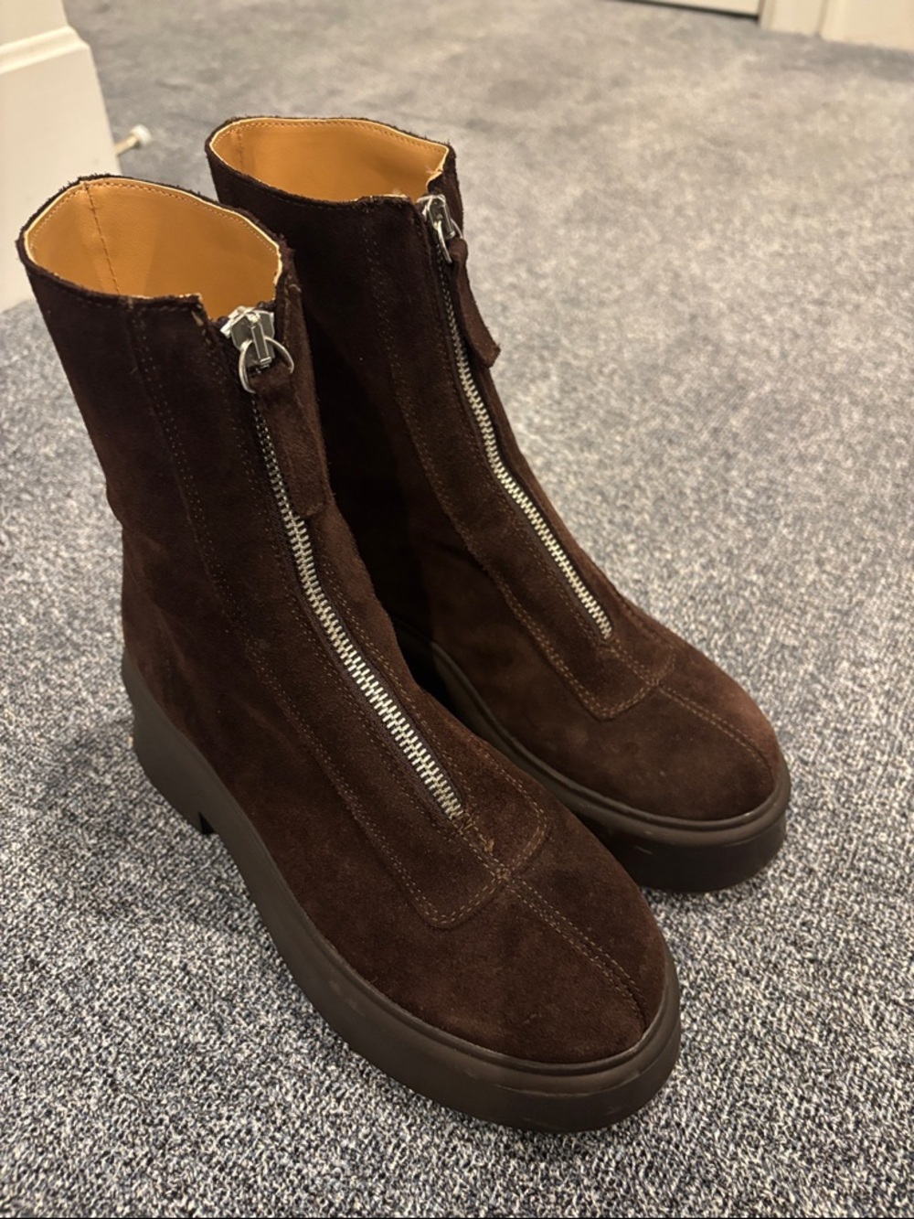 Steve Madden Jones Dark Brown Suede Front-Zip Platform Ankle Boots
